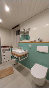 een badkamer met een wit toilet en een wastafel bij Ferienwohnung-Margarete in Sankt Andreasberg +10 foto's