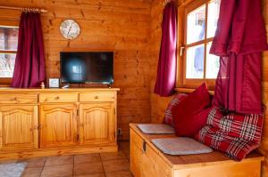 a living room with a couch and a tv in a cabin at Ruhige Chalets mit Seeblick in zentraler Lage in Schliersee +9 photos