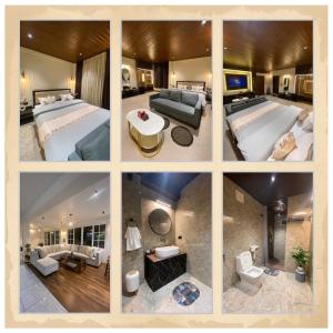 Un collage de cuatro fotografías de una habitación de hotel. en Denka's, en Darjeeling