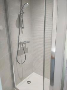 a shower with a glass door in a bathroom at Le gîte des Bernadettes in Apchat +57 photos