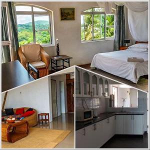 drei Bilder von einem Schlafzimmer mit Bett und Küche in der Unterkunft Kabula Lodge in Blantyre