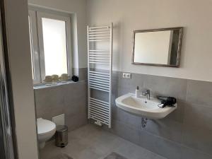 a bathroom with a sink and a toilet and a mirror at Ferienwohnung Bayside in Edertal