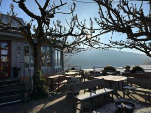 a patio with tables and benches and a tree at Ferienwohnung Bayside in Edertal