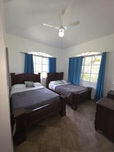 zwei Betten in einem Zimmer mit blauen Vorhängen in der Unterkunft Win Villa in Sosúa