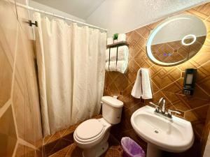 a bathroom with a toilet and a sink and a mirror at Comod Inn in Manuel F. Martínez