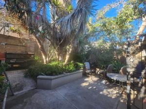 een terras met een tafel, stoelen en bomen bij Casa Vizcaino in Ensenada
