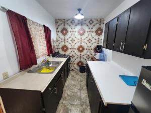 een kleine keuken met een wastafel en een muur bij Casa Vizcaino in Ensenada