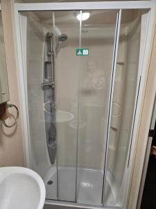 een douche met een glazen deur in een badkamer bij Leas Happy Haven in Goswick Station +19 foto's