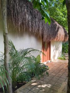 a building with a thatched roof and a brick walkway at Aldea 58, cabañas de lujo con piscina en Merida centro in Azcorra