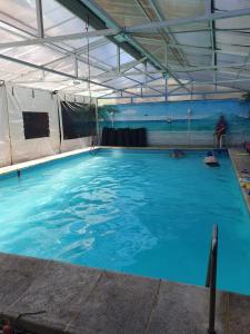 een groot blauw zwembad met een man in een tent bij Viamonte Che! in Buenos Aires