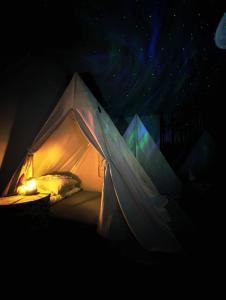 罗瓦涅米Santa's indoor Camping Hostel的黑暗中，卧室里搭着一个白色帐篷。