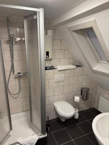een badkamer met een douche, een toilet en een wastafel bij Westerwald Apartments - Das große Ferienhaus, zentral und ruhig, einfach gut! in Heiligenroth +28 foto's