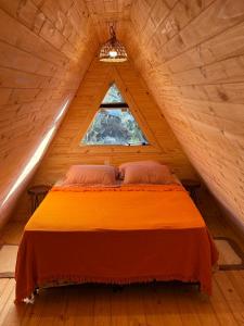 a bed in a wooden room with a window at Helena Suites in Villarrica +35 photos