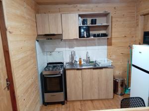 a small kitchen with a stove and a refrigerator at Los Sosa y Más in Santa Vitória do Palmar