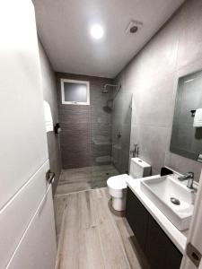 a bathroom with a toilet and a shower and a sink at Brand New!! Cozy Beachfront Apartment in Punta Blanca