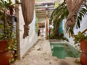 an empty hallway with plants and a swimming pool at Casa Azul Tropical House by Xarm Apartments in Santa Marta