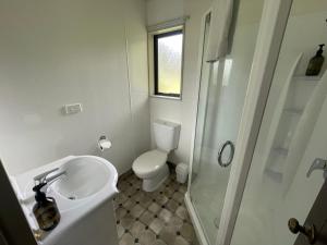 Un baño con inodoro, lavabo y ducha. en Arthur's Pass Motel & Lodge, en Arthur's Pass 43 fotos más