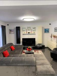 un soggiorno con divano e camino di Casa Erma a Moisei