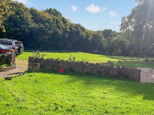 een stenen muur in een groen veld met een auto bij Tyn Y Celyn - Uk48801 in Mold