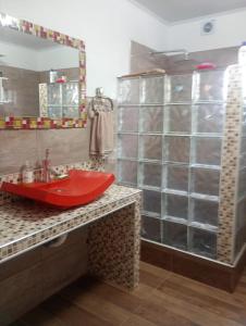 ein Badezimmer mit einem roten Waschbecken und einer Dusche in der Unterkunft La Soñada in Villa Parque Siquiman