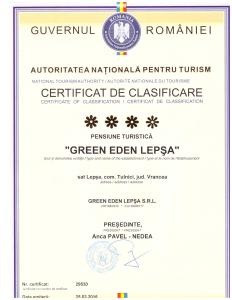 Een certificaat, prijs of ander document dat getoond wordt bij Green Eden Lepsa
