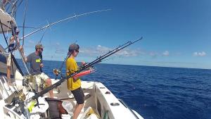 Dos hombres en un barco pescando en el océano en Port de saint leu location Bateau avec skyper 2H o693-40-58, en Saint-Leu