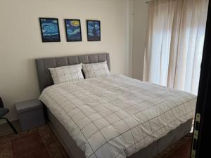 - un lit dans une chambre avec 3 photos sur le mur dans l'établissement Lithaios River Appartment, à Tríkala