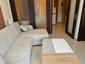un salon avec un canapé blanc et une table dans l'établissement Lithaios River Appartment, à Tríkala 5 autres photos