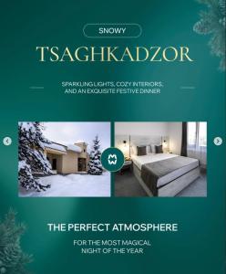 eine Broschüre über ein Hotelzimmer mit einem Bett in der Unterkunft Alpina Resort by Stellar Hotels, Tsaghkadzor in Zaghkadsor