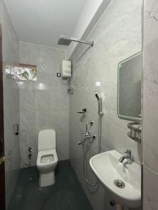 Un baño con un inodoro blanco y un lavabo. en Village Harmony Guest House, en Canacona 28 fotos más