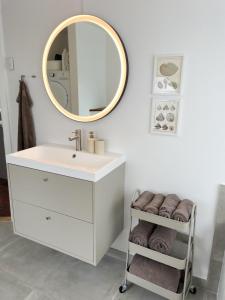een badkamer met een wastafel, een spiegel en handdoeken bij 5-star houseboat of 125 m2 with its own bathing jetty in Nykøbing Sjælland +26 foto's