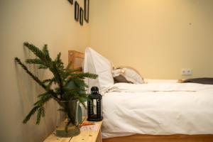 1 dormitorio con 1 cama y una planta sobre una mesa en Charming Lahemaa national park Studio apartment for Nature Lovers, en Kolga