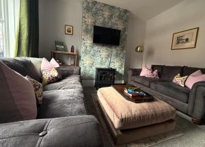 a living room with two couches and a fire place at The Linden Lodge, near Cathedral, free parking in Lincoln