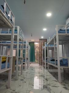 a room with several bunk beds and a hallway at Leesha Tower - Dormitory in Jhānsi