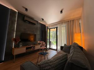 een woonkamer met een bank en een tv bij Sea&Forest Międzyzdroje Amber Suite in Międzyzdroje
