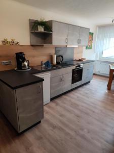 een keuken met roestvrijstalen apparatuur en houten vloeren bij Fewo Lea in Willingen