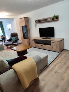 een woonkamer met een bank en een flatscreen-tv bij Fewo Lea in Willingen