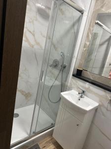 un bagno con doccia, WC e lavandino di Atostogų namelis "Neda" a Palanga