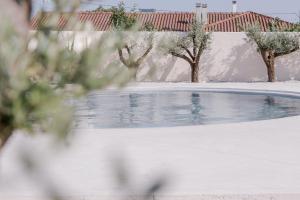 een met sneeuw bedekt zwembad met bomen eromheen bij Casa d'Aire in Porto de Mós