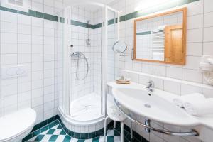 a bathroom with a sink and a shower and a toilet at Alte Post in Feistritz an der Gail