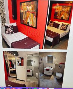 2 fotos de una habitación con 2 camas y un baño en Hotel Anco, en Ámsterdam