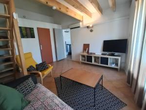 een woonkamer met een bank en een tv bij Charmante Maison De Village 60 M² in Mollans-sur-Ouvèze