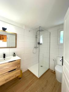 ein Badezimmer mit Dusche, Waschbecken und Toilette in der Unterkunft Charmant Duplex à la campagne in Riventosa + 25 Fotos