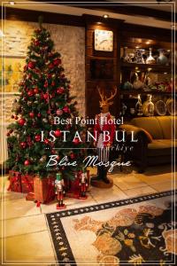 伊斯坦布尔Best Point Hotel Sultanahmet,Istanbul的客厅里摆放着一棵圣诞树和一张沙发。