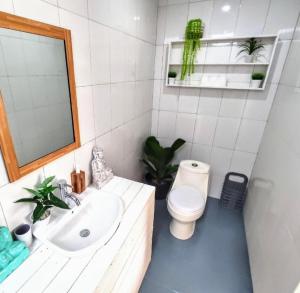 une salle de bains avec lavabo, toilettes et miroir dans l'établissement Toms holidayInn, à Cheruvalli