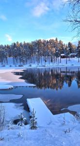 a winter scene of a river with snow and trees at Smedjan in Mellanström