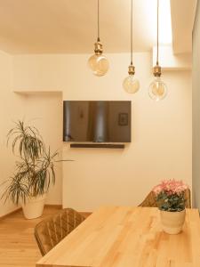 een eetkamer met een houten tafel en potplanten bij Geidorf Residenz - Serviced Apartments & Parking in Graz