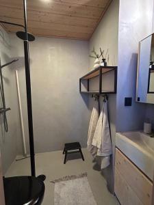 a bathroom with a shower and a sink at Hulppea merenranta hirsitalo in Oulu +42 photos