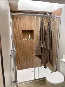 a bathroom with a shower with a toilet and towels at Garden Room Malahide in Malahide