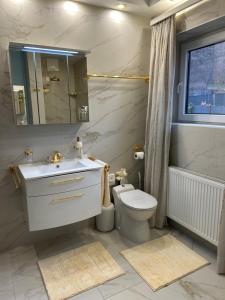a bathroom with a sink and a toilet and a mirror at Golden Rooms Exklusiv in Völkermarkt
